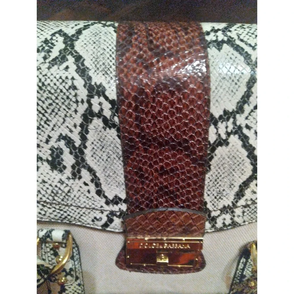 DOLCE &‎ GABBANA Snakeskin Print Satchel Handbag Brown Trim Card Case